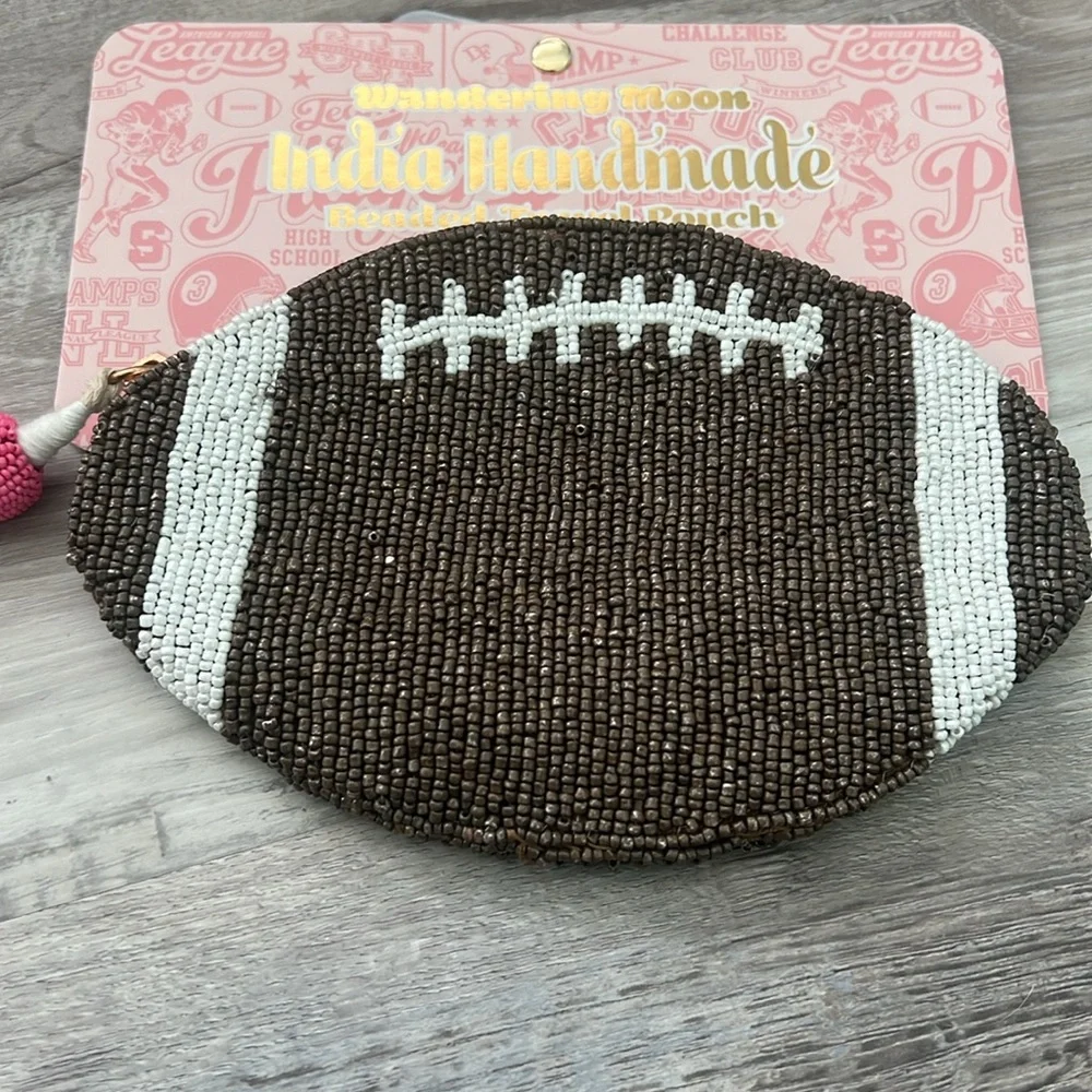 Brown Beaded Football Coin Purse Wandering Moon Handmade in India NWT
